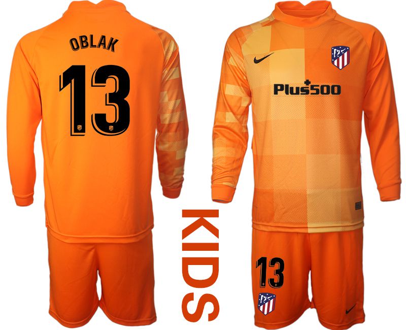 Cheap Youth 2021-2022 Club Atletico Madrid oragne red goalkeeper long sleeve 13 Soccer Jersey